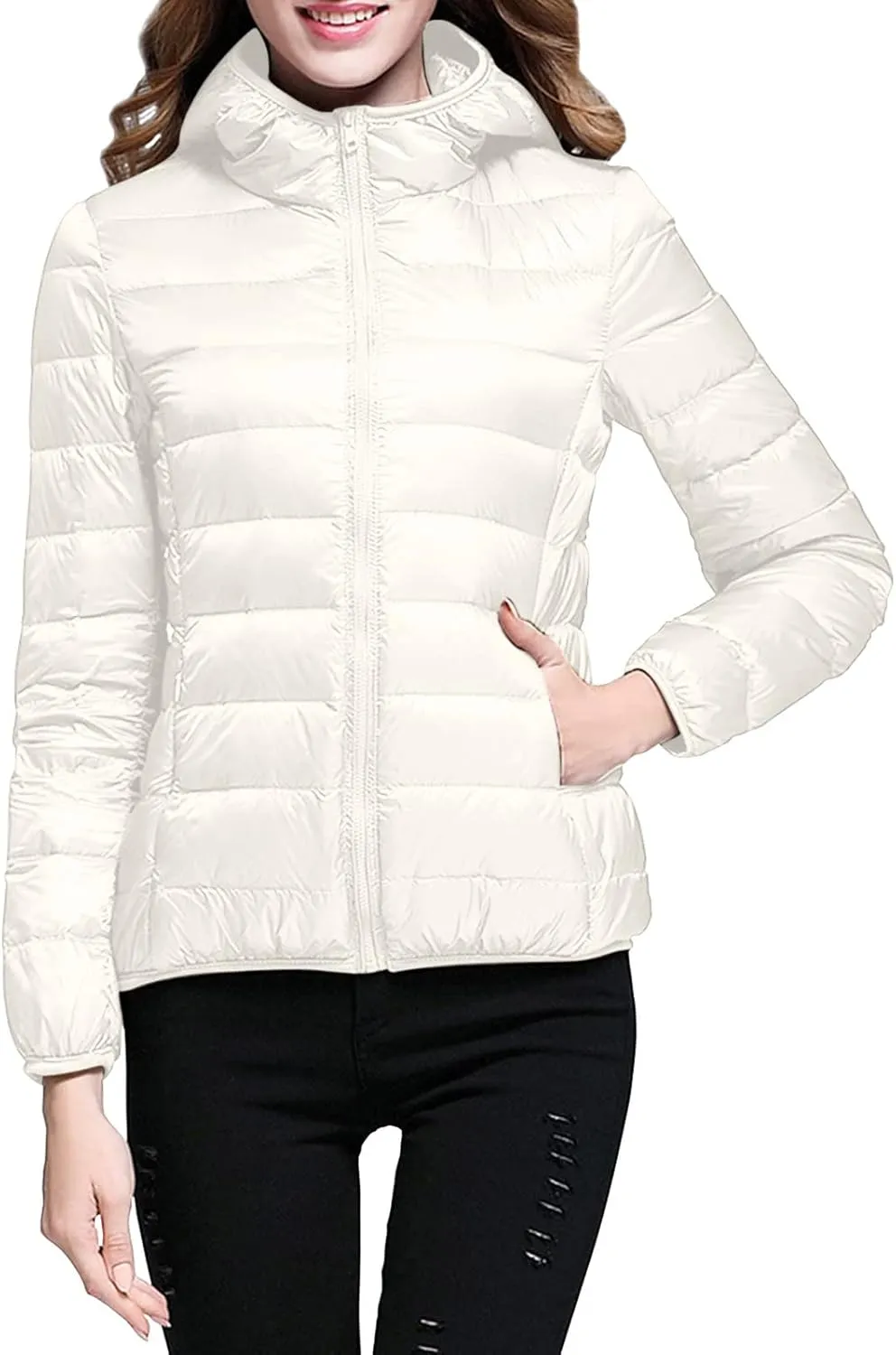 XUETON Womens Zip Up Lightweight Packable Down Puffer Jacket Autumn Winter Warm Hooded Windproof Water-Resistant Short Down Jacket Outerwear(White,Large)
