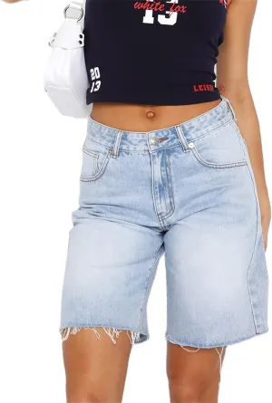 Y2k Women Denim Bermuda Shorts Straight Leg Jean Carpenter Shorts Vintage Mid Rise Knee Length Long Jorts