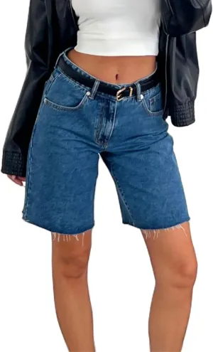 Y2k Women Denim Bermuda Shorts Straight Leg Jean Carpenter Shorts Vintage Mid Rise Knee Length Long Jorts