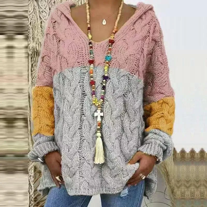 ZOCANIA Chunky Cable Knit Pullover Sweater Women Hooded Sweaters Oversized V Neck Long Sleeve Solid Color Loose Hoodies