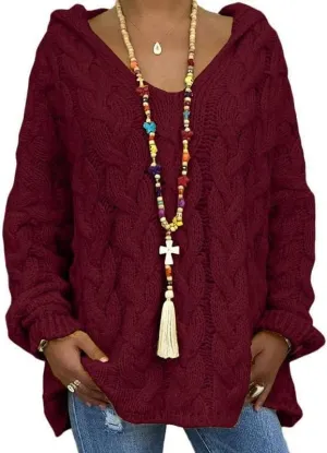ZOCANIA Chunky Cable Knit Pullover Sweater Women Hooded Sweaters Oversized V Neck Long Sleeve Solid Color Loose Hoodies