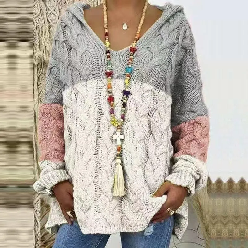 ZOCANIA Chunky Cable Knit Pullover Sweater Women Hooded Sweaters Oversized V Neck Long Sleeve Solid Color Loose Hoodies