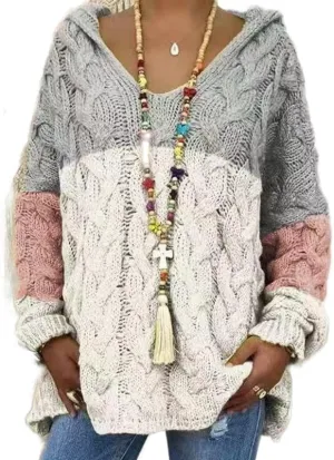 ZOCANIA Chunky Cable Knit Pullover Sweater Women Hooded Sweaters Oversized V Neck Long Sleeve Solid Color Loose Hoodies