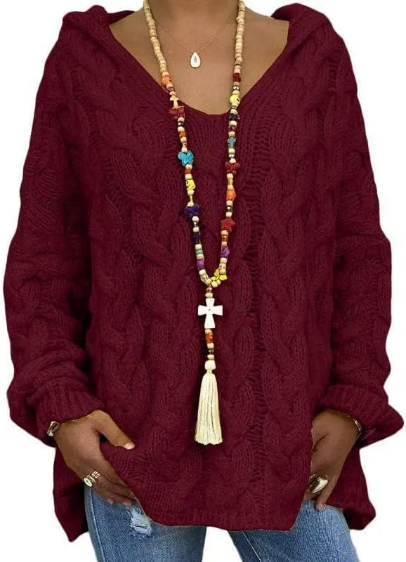 ZOCANIA Chunky Cable Knit Pullover Sweater Women Hooded Sweaters Oversized V Neck Long Sleeve Solid Color Loose Hoodies