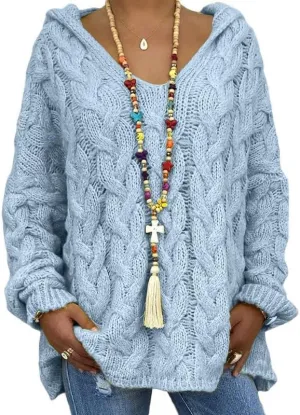 ZOCANIA Chunky Cable Knit Pullover Sweater Women Hooded Sweaters Oversized V Neck Long Sleeve Solid Color Loose Hoodies