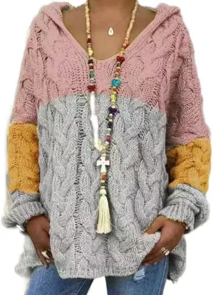 ZOCANIA Chunky Cable Knit Pullover Sweater Women Hooded Sweaters Oversized V Neck Long Sleeve Solid Color Loose Hoodies